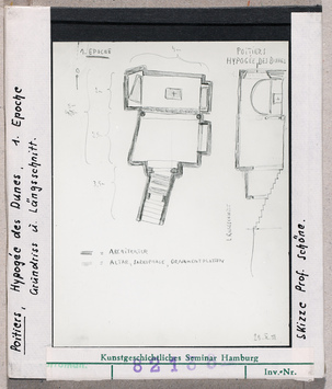 Vorschaubild Poitiers: Hypogée des Dunes. Hypogäum, Grundriss und Längsschnitt, 1. Epoche, Skizze Wolfgang Schöne 1959 